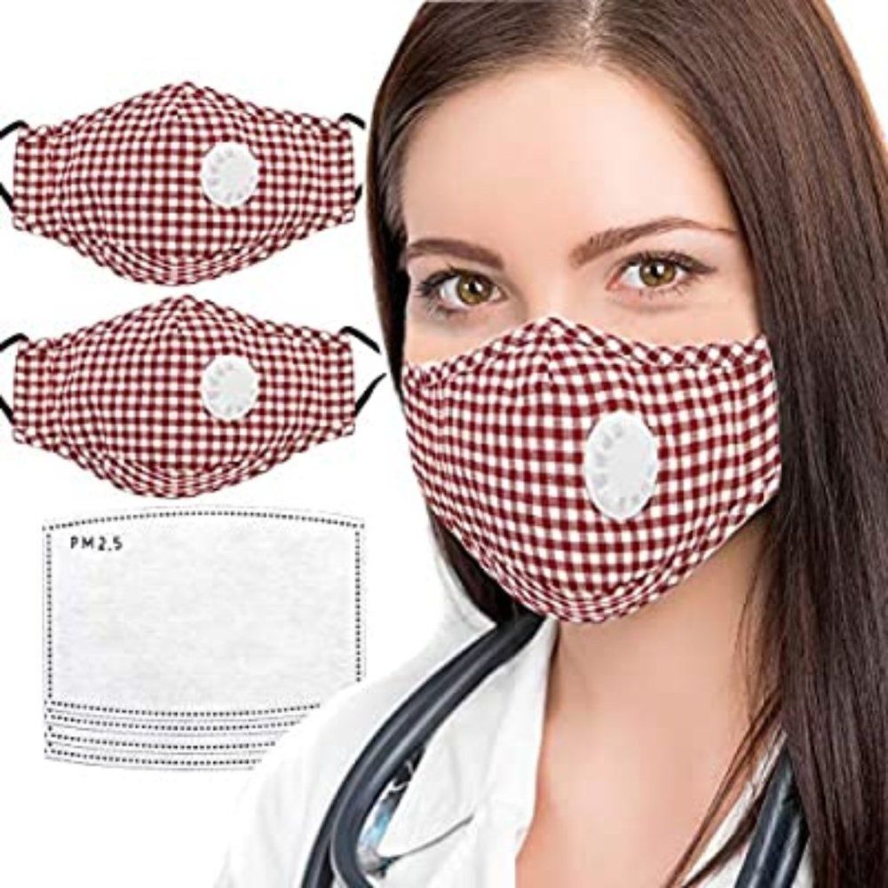 JIANG GeGE 2PCS PM2.5 Red Plaid Dust Mask for Adult + 4 Activated Carbon Filters